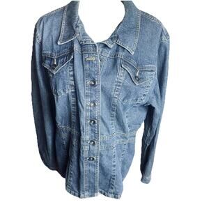 Axcess Stretch Denim Jacket Womens XL Blue Button Front Jean Jacket